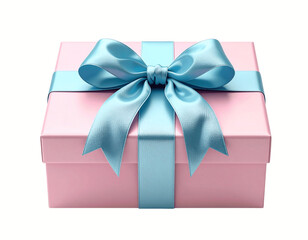 Pink gift box with blue satin ribbon and bow isolated on transparent background