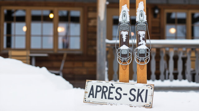 Skis with an Après-Ski sign in front of a wooden cabin in snow  