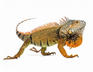 Fototapeta premium Side view of a large, mature green iguana walking with its prominent dewlap visible, isolated on a white background, representing wildlife and reptiles.