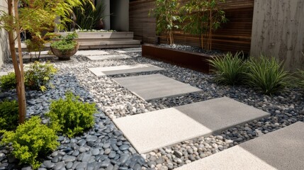 A modern garden path features smooth stone walkways surrounded by decorative pebbles and lush greenery. This tranquil space invites relaxation and outdoor enjoyment.