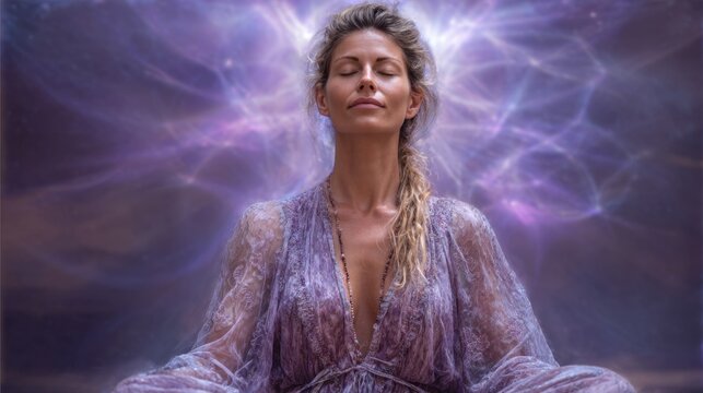 A woman practices meditation with her eyes closed surrounded by vibrant energy patterns. She sits calmly embodying peace and mindfulness in a serene environment.