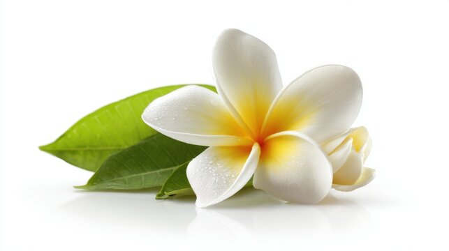 A plumeria flower displays its delicate white petals with yellow accents resting atop vibrant green leaves. The simple backdrop highlights the flower's beauty and freshness.