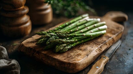 Fresh green asparagus spears on a rustic wooden cutting board with a knife, ready for cooking.