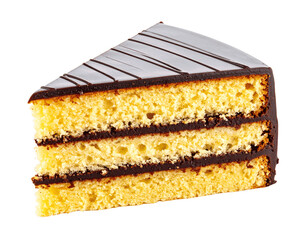 Slice of layered sponge cake with chocolate frosting isolated on transparent background