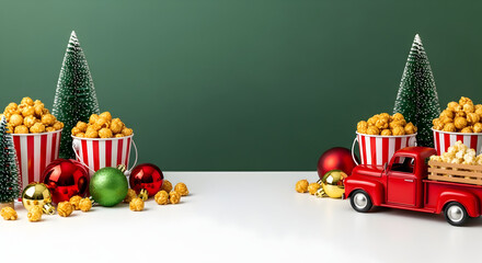 Christmas popcorn buckets and decorations with a red truck isolated on white background