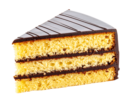 Slice of layered sponge cake with chocolate frosting isolated on transparent background