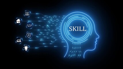 Futuristic human head silhouette glowing with neon blue lines displaying the word skills and connected icons representing learning, innovation, and personal development in digital technology.4k - Powered by Adobe