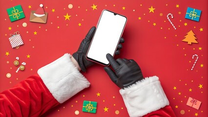 stive and modern flat lay showcasing Santa Claus's arms, dressed in his traditional red suit with white fur trim and black gloves, holding and interacting with a smartphone that has a blank white scre
