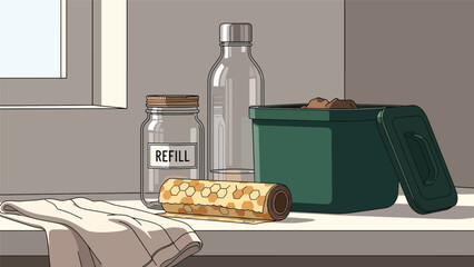 Flat vector eco-friendly kitchen scene with reusable jars, bamboo tools, and compost bin. Ideal for zero waste lifestyle education and home sustainability content