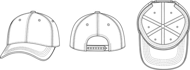 Baseball cap technical sketch, side view, back view, top interior, stitching detail, adjustable strap, fashion design blueprint, vector drawing