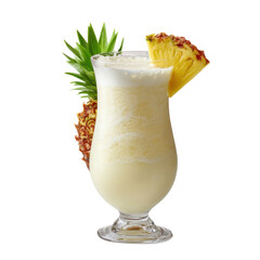 Creamy yellow pineapple cocktail in tall glass with pineapple slice garnish drink beverage, Cut Out, Isolated On White Background, Png Transparent