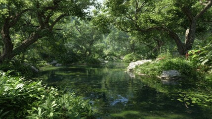 A serene forest scene features a clear river meandering through vibrant green plants and trees. Sunlight filters through the leaves creating a peaceful atmosphere.