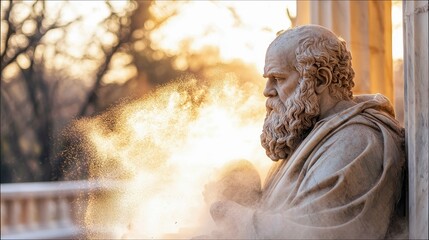 A marble statue of Socrates in profile, with a long beard, set against a backdrop of golden light and dust particles.