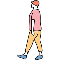 Stylized illustration of a person walking with a pink t-shirt orange cap and yellow pants isolated on a white background