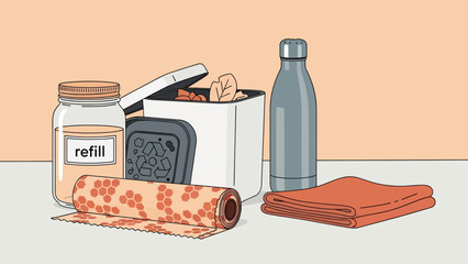 Flat vector eco-friendly kitchen scene with reusable jars, bamboo tools, and compost bin. Ideal for zero waste lifestyle education and home sustainability content