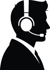 Silhouette profile of a customer service agent or call center operator wearing a headset with a microphone, isolated on white background