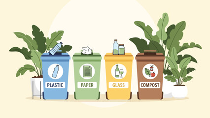 Modern illustration of labeled recycling bins for paper, glass, plastic, and compost. Ideal for environmental campaigns, school materials, and eco sorting education