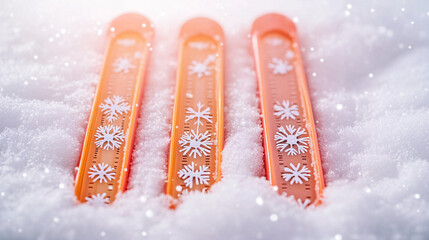 Chilling thermometers measure extreme cold temperatures in winter snowfall close up