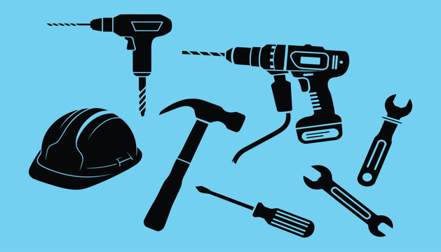 construction tools illustration, collection of hammer, drill, wrench, screwdriver, and safety helmet symbols, ideal for building, home improvement, industrial work, and professional engineering.