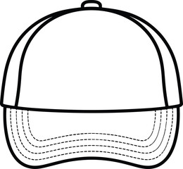 Baseball cap line drawing, black and white vector illustration, fashion accessory outline sketch, apparel design template, headwear coloring page art