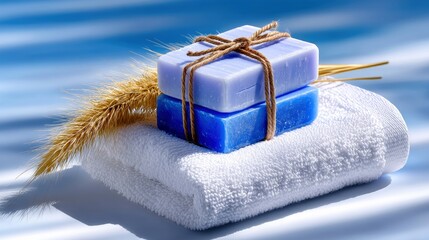 Two bars of blue soap stacked on a white fluffy towel, with a dried wheat stalk beside them. The scene is lit with soft, natural light creating a serene and cle