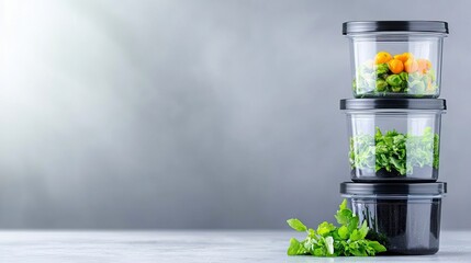 A stack of three clear food containers filled with different vegetables, with some loose vegetables in front, on a table against a gray background. The image is