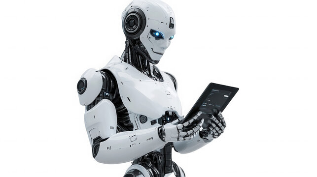Futuristic robot using a tablet for data analysis against a on transparent background