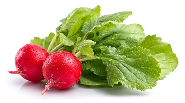 Fresh red radishes with vibrant green leaves on a white background. - Powered by Adobe