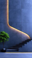 A modern interior design featuring a staircase, decorative lighting, and a potted tree. The scene is bathed in a cool, moody light.