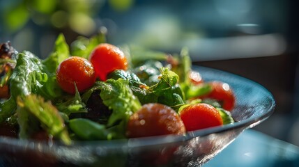 Fresh vibrant salad with cherry tomatoes and green leafy vegetables in a glass bowl.