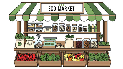 Illustration of eco food market stall with loose goods, refill jars, and reusable bags. Ideal for sustainable shopping visuals and zero waste educational campaigns