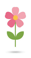 Naklejka premium Bright pink five-petal flower with green stem and simple leaves against white background.