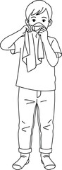 Boy Wiping Face Line Art Illustration – Transparent Black and White Child Outline Drawing