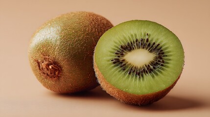 Fototapeta premium Fresh Whole and Halved Kiwi Fruit on a Light Brown Background.