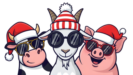 cartoon goat, cow and pig. they are wearing sunglasses and christmas hat  in transparent background