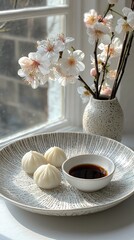 Close-up of a plate with steamed dumplings and a small bowl of sauce, next to a vase of flowers by a window. Sunny day, indoors.