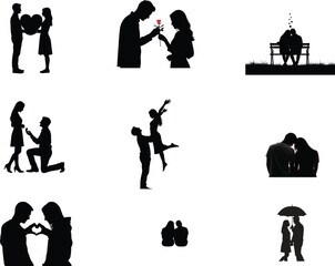 Silhouettes of people and wedding icons in a simple black pictogram style