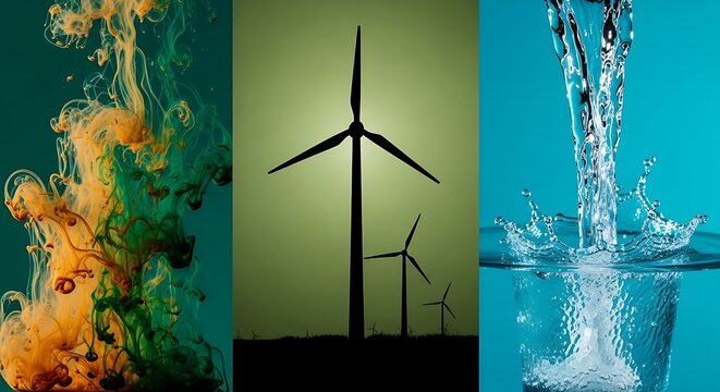 Vibrant energy collage featuring swirling inks, wind turbines, and pure water showcasing sustainability, renewable power, and environmental awareness