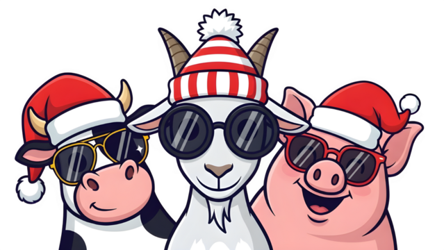 cartoon goat, cow and pig. they are wearing sunglasses and christmas hat in transparent background