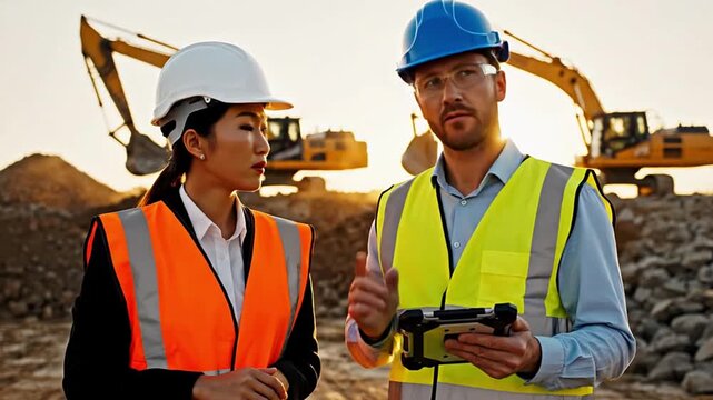 Two professional construction engineers, a man and a woman, collaborate and discuss plans with a tablet at an active outdoor construction site during sunset.