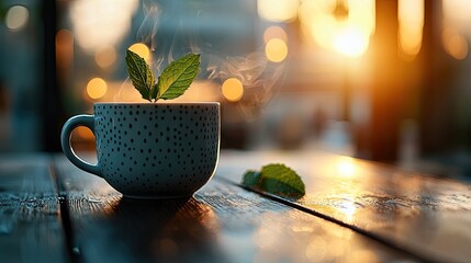A cup of tea with fresh mint leaves on a wooden table, with steam rising against a blurred background of sunlight.