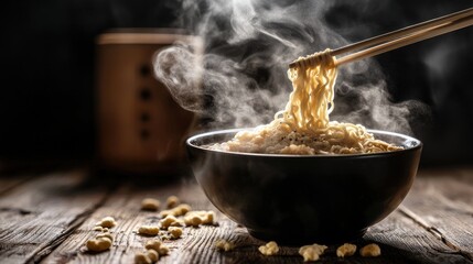 Close-up of a bowl of steaming noodles with chopsticks, set on a rustic wooden table. The steam rises, creating a warm and inviting atmosphere.