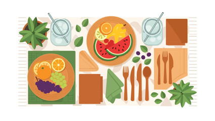 Flat modern vector picnic with bamboo cutlery, reusable cups, and produce containers. Ideal for eco outdoor lifestyle promotion and zero waste awareness design