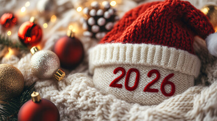 Festive 2026 Santa hat with ornaments creating cozy holiday cheer and anticipation