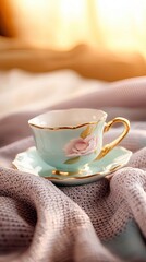A vintage teacup and saucer with a floral design, resting on a soft blanket. The scene is bathed in warm, soft sunlight, creating a cozy and inviting atmosphere
