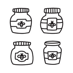Black and White Honey Jar Icon Set with Bee Label Designs.