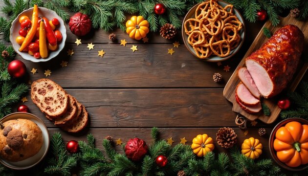 Festive table with delicious holiday food including meat bread veggies and snacks. Christmas and Thanksgiving dinner celebration with xmas decorations. Wooden background with festive mood. - Powered by Adobe