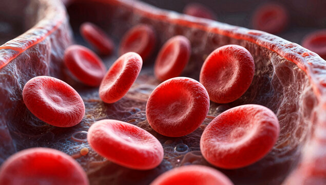 Close-up of red blood cells flowing in a blood vessel. Research concept.