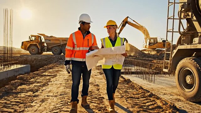 Two professional diverse construction engineers review blueprints and discuss plans on a dusty, active construction site with heavy machinery under a bright sky, demonstrating teamwork and.