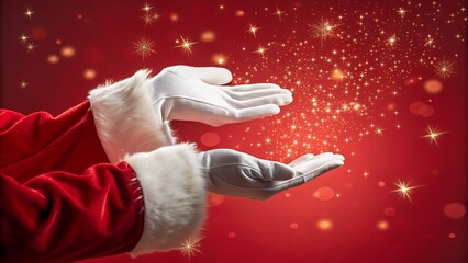 . His hands are open, as if conjuring or releasing a burst of sparkling, golden light and intricate snowflake shapes